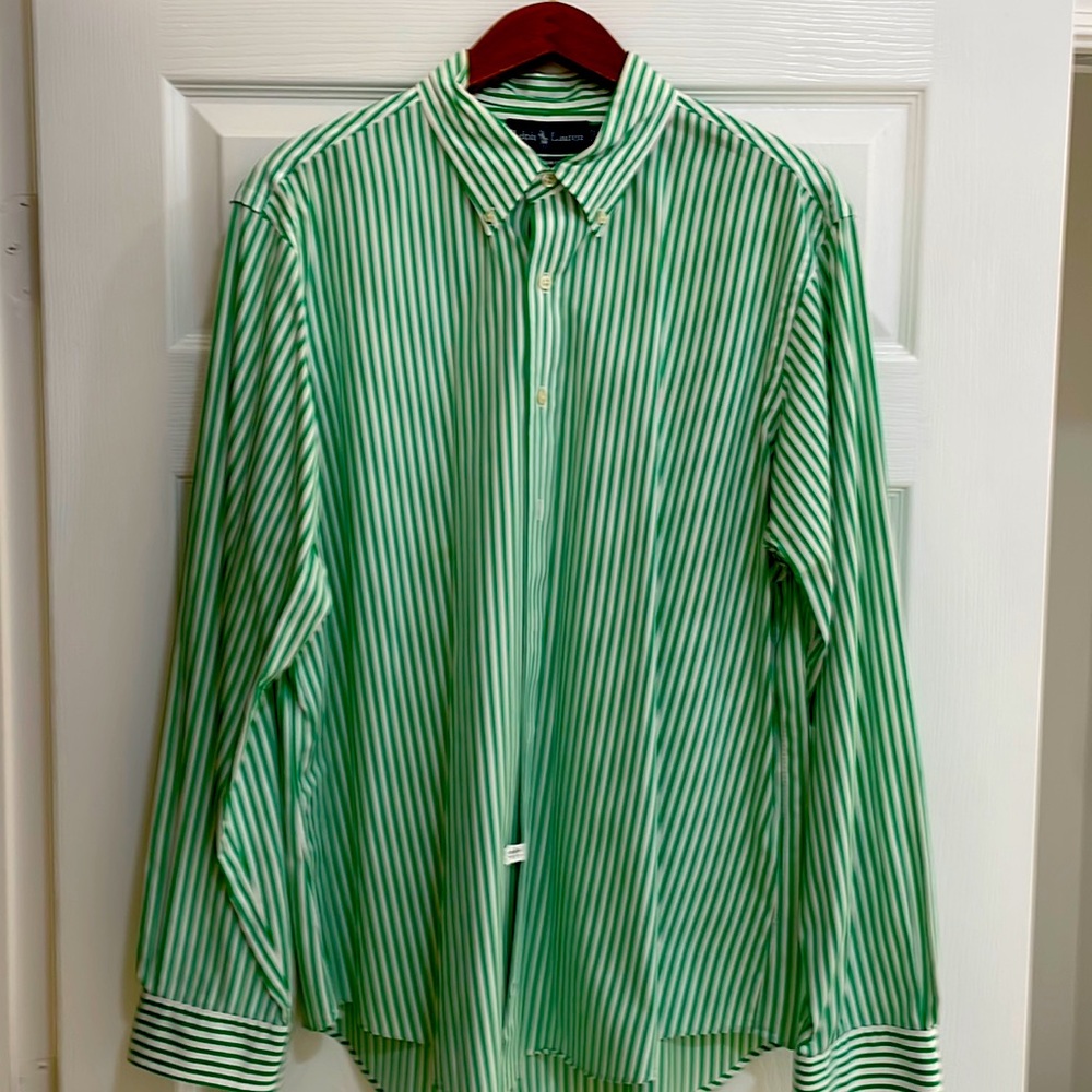 Think Christmas!Green white stripe with red pony custom fit polo by Ralph Lauren